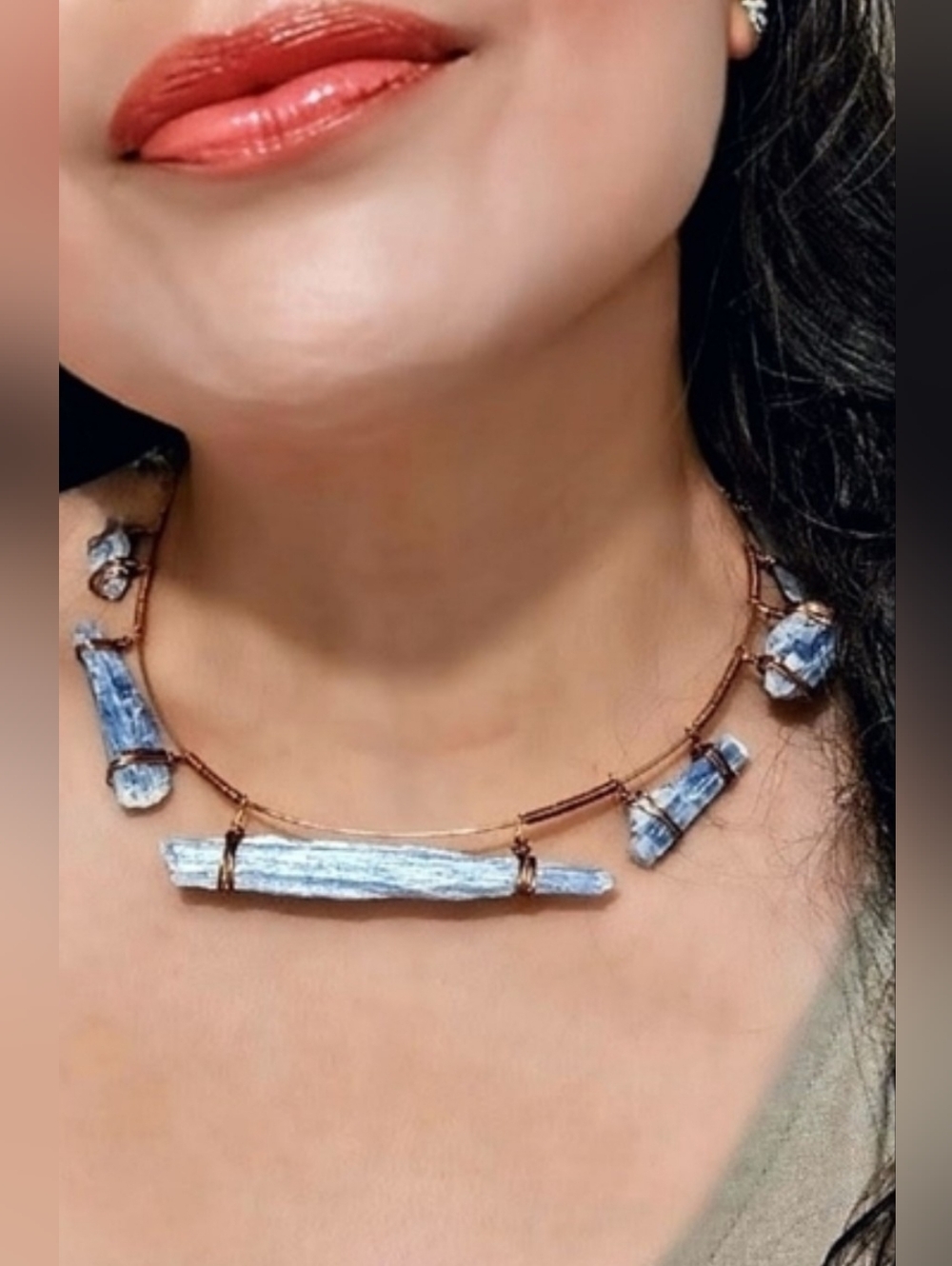 Awakening Natural Blue Kyanite Blades In Handwired Primitive Copper Necklace